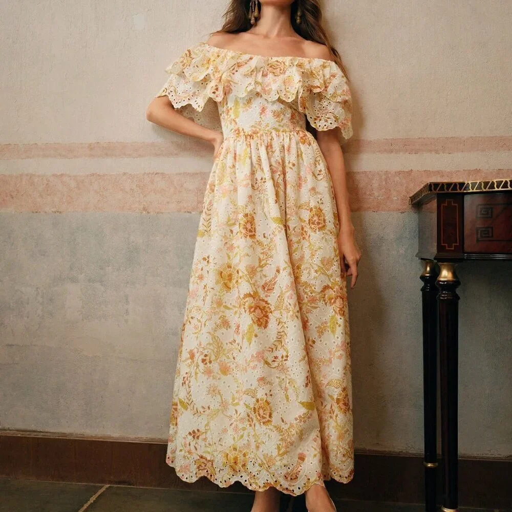 Multicolor Elegant Women's Off Shoulder Ruffled Floral Embroidered Dress